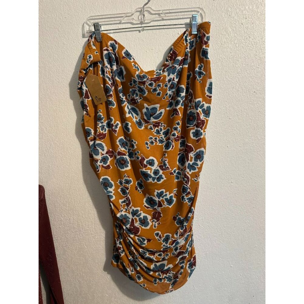 138 Ava & Viv Mustard Floral Ruched Midi Skirt – Plus Size